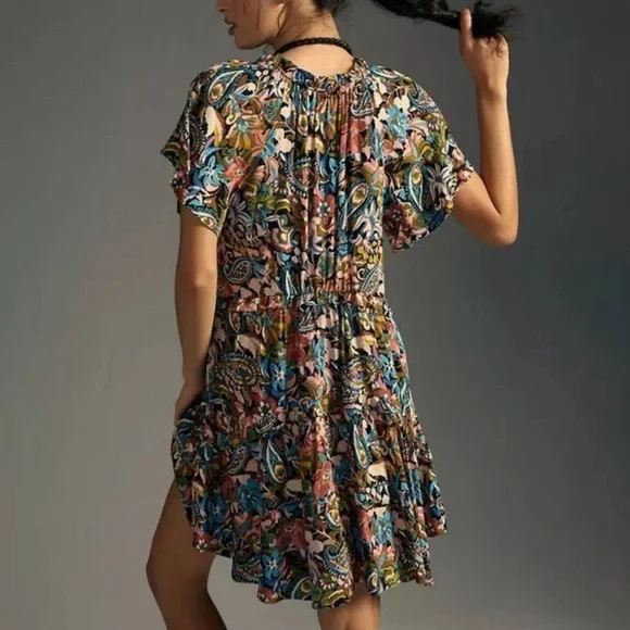 XL By Anthropologie-Robin green blue + pink Paisley tiered ruffle mini dress.XL - Picture 3 of 16